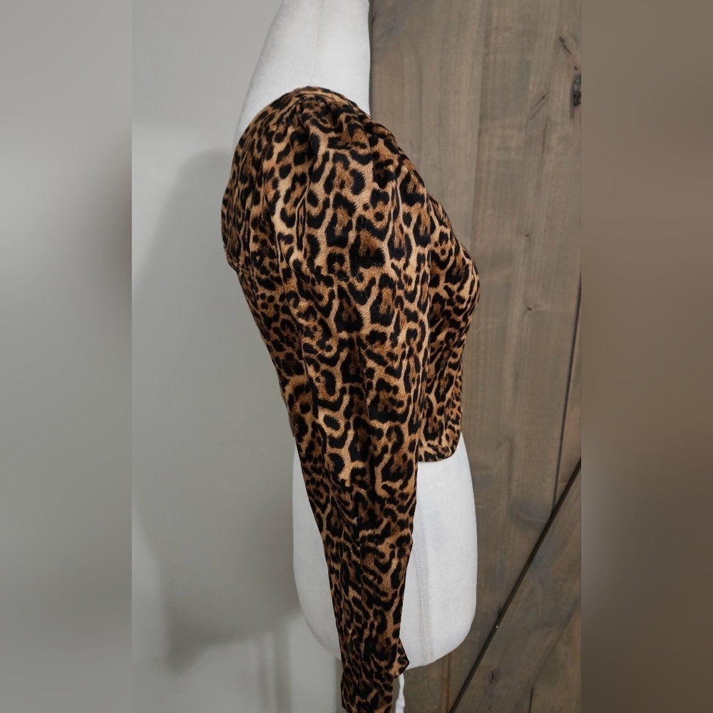 ZARA Leopard Print Long Sleeve Zip Front Puff Sleeve Crop Top.Black/brown.SM NWT - Picture 13 of 14